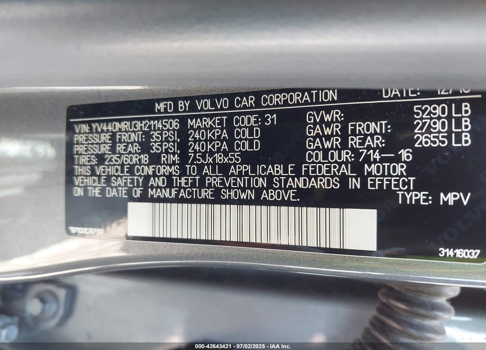 2017 VOLVO XC60 VIN: YV440MRU3H2114506