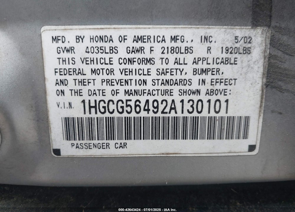 2002 HONDA ACCORD 2.3 LX VIN: 1HGCG56492A130101