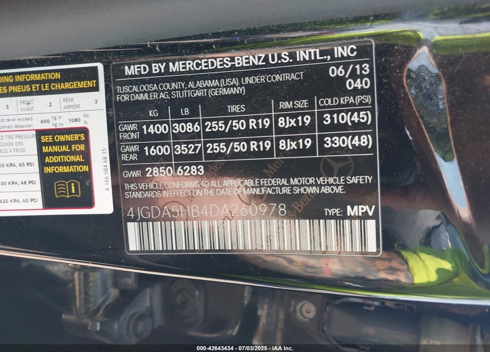 2013 MERCEDES-BENZ M-CLASS VIN: 4JGDA5HB4DA260978