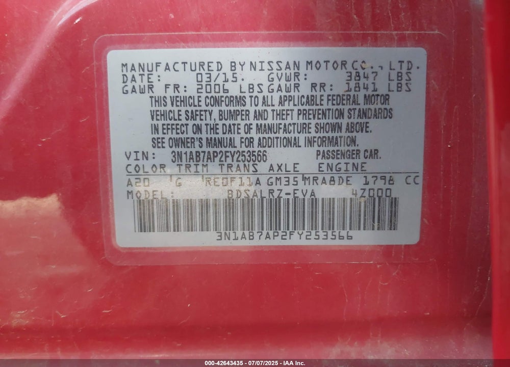 2015 NISSAN SENTRA VIN: 3N1AB7AP2FY253566