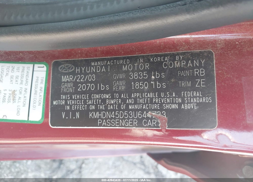 2003 HYUNDAI ELANTRA GLS/GT VIN: KMHDN45D53U644723