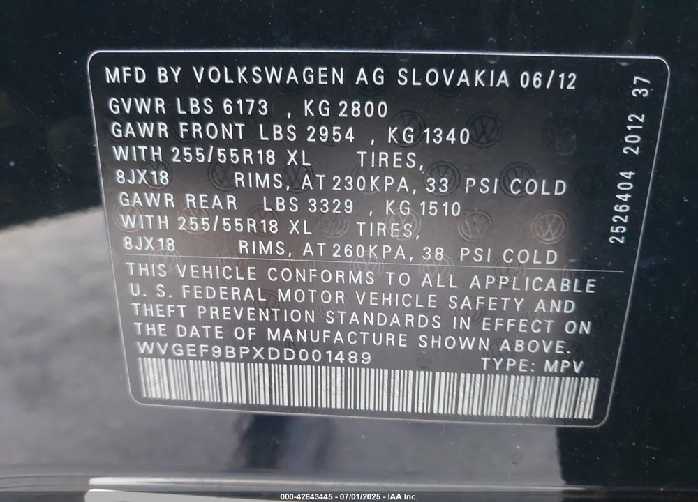 2013 VOLKSWAGEN TOUAREG VR6 SPORT VIN: WVGEF9BPXDD001489