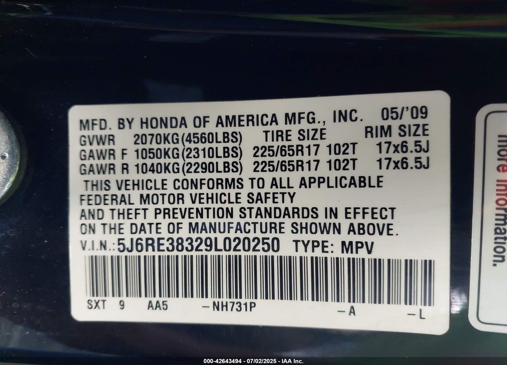 2009 HONDA CR-V VIN: 5J6RE38329L020250