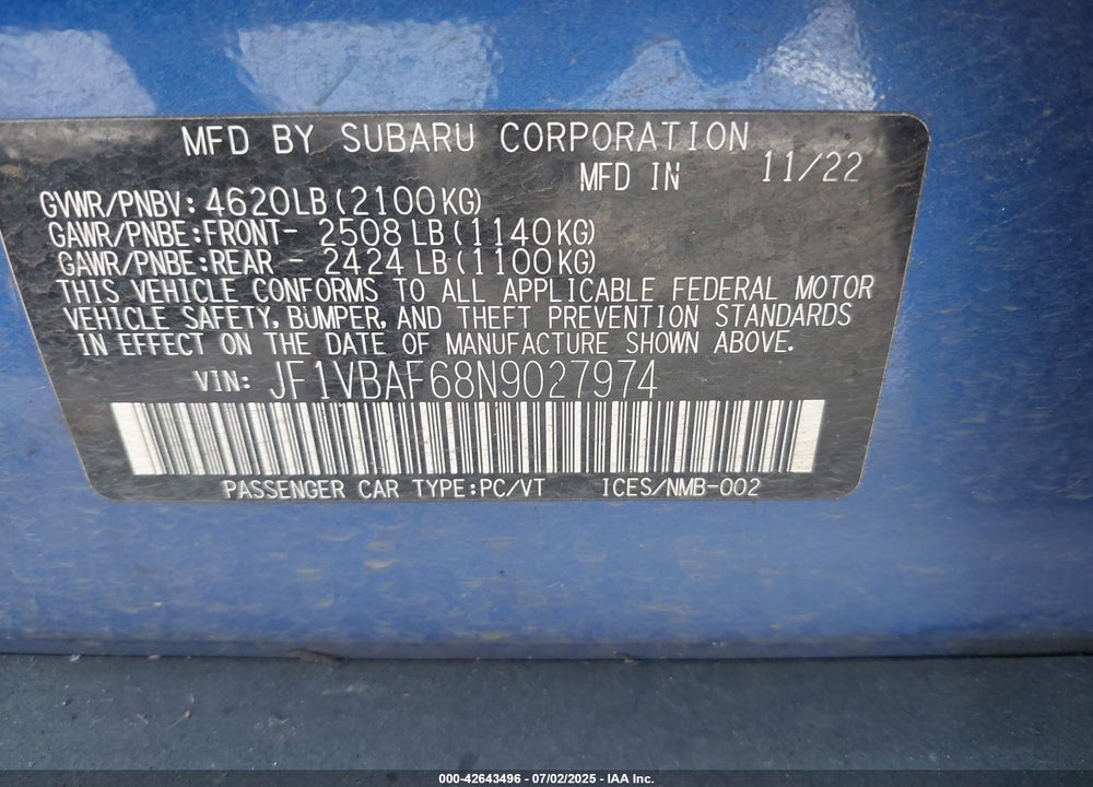 2022 SUBARU WRX VIN: JF1VBAF68N9027974