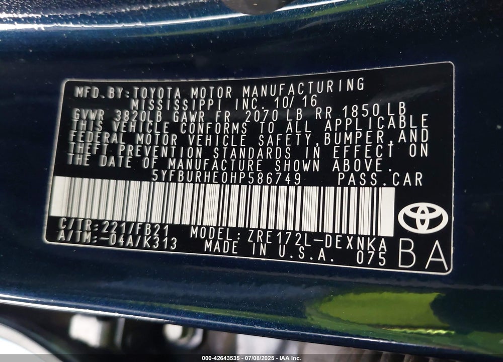 2017 TOYOTA COROLLA VIN: 5YFBURHE0HP586749