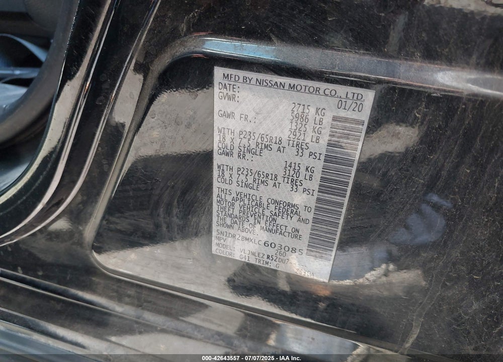 2020 NISSAN PATHFINDER VIN: 5N1DR2BMXLC603085
