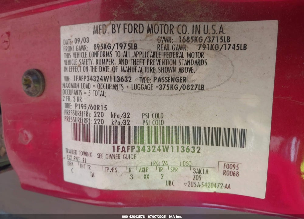 2004 FORD FOCUS SE VIN: 1FAFP34324W113632