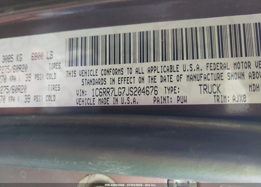 2018 RAM 1500 VIN: 1C6RR7LG7JS204676