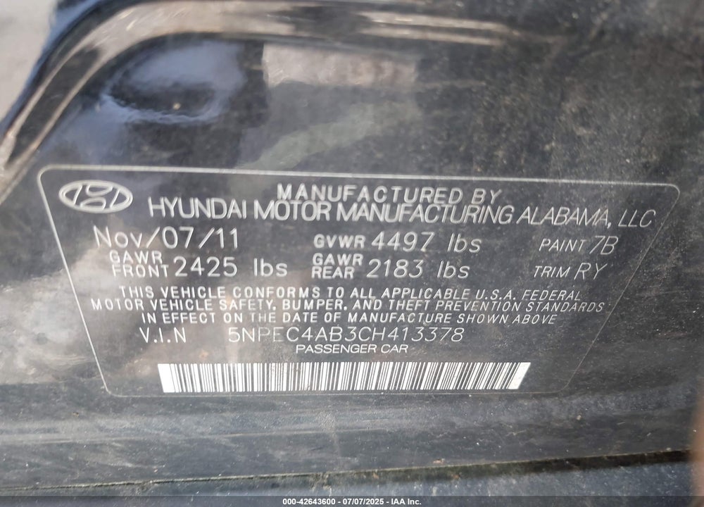 2012 HYUNDAI SONATA VIN: 5NPEC4AB3CH413378