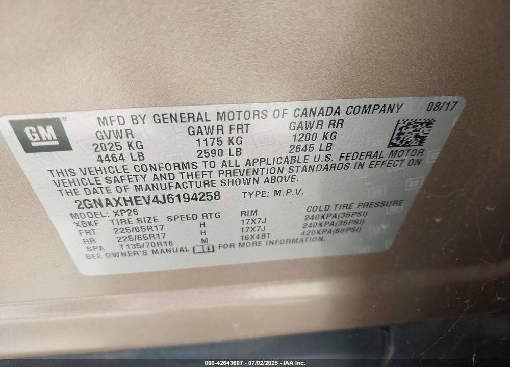 2018 CHEVROLET EQUINOX VIN: 2GNAXHEV4J6194258