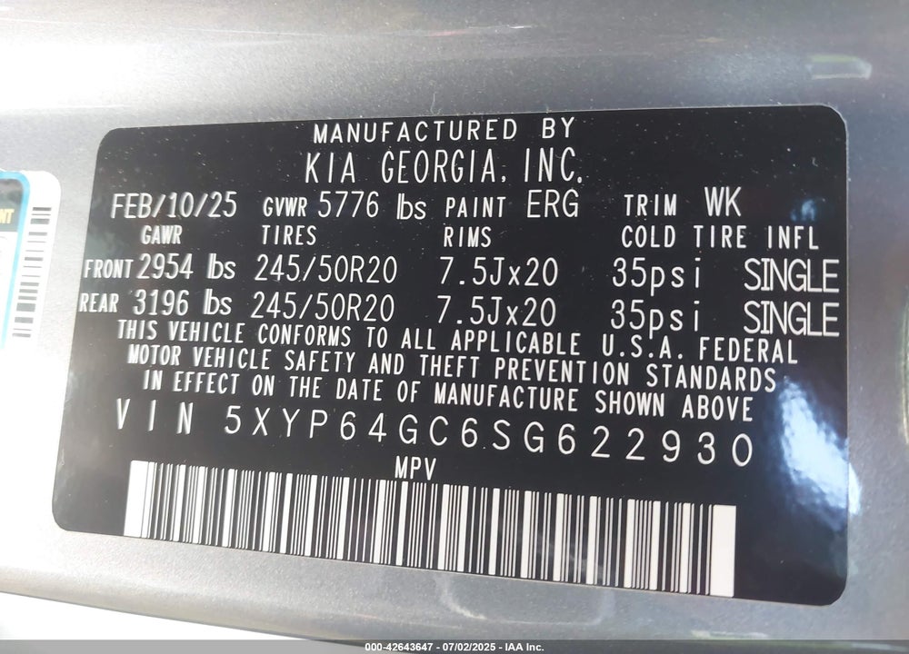 2025 KIA TELLURIDE S VIN: 5XYP64GC6SG622930