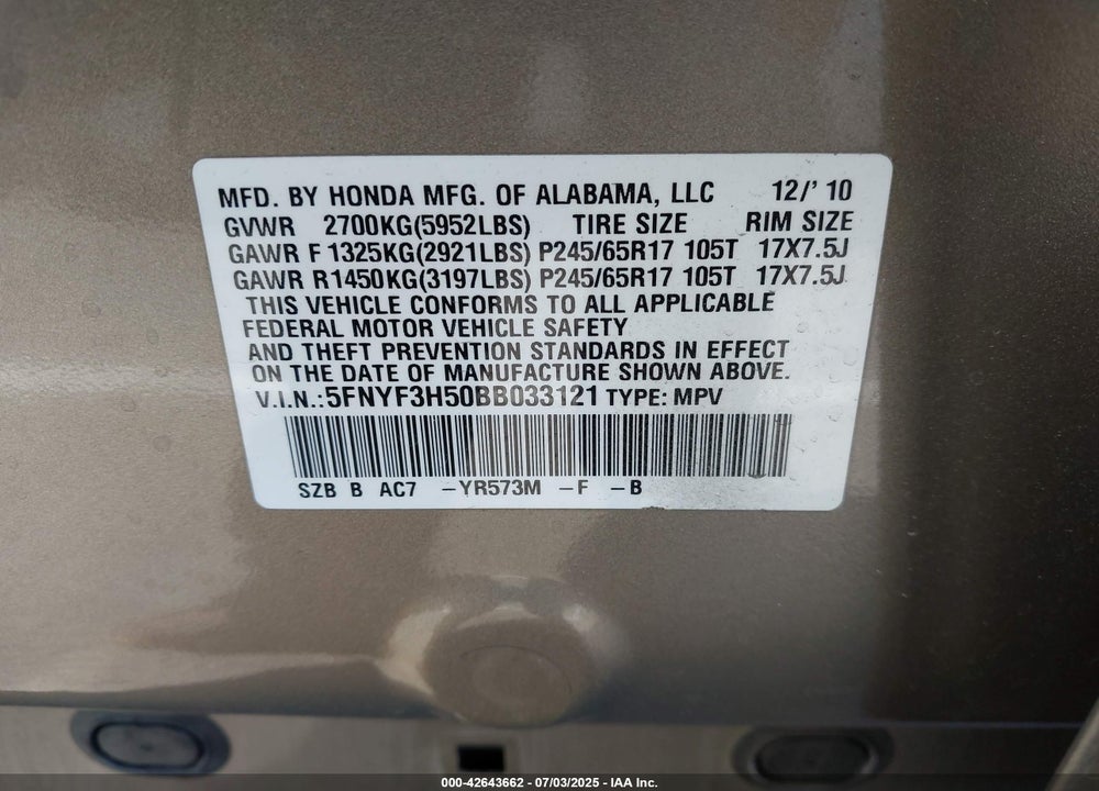 2011 HONDA PILOT VIN: 5FNYF3H50BB033121