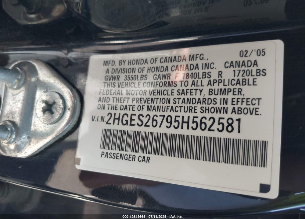 2005 HONDA CIVIC EX VIN: 2HGES26795H562581