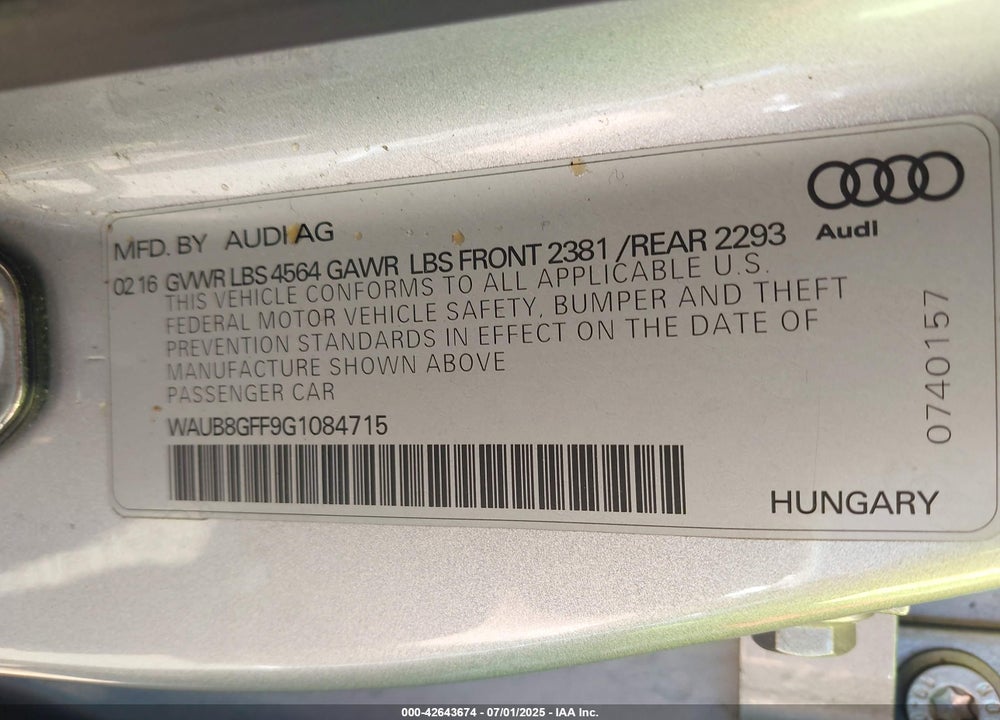 2016 AUDI A3 2.0T PREMIUM VIN: WAUB8GFF9G1084715