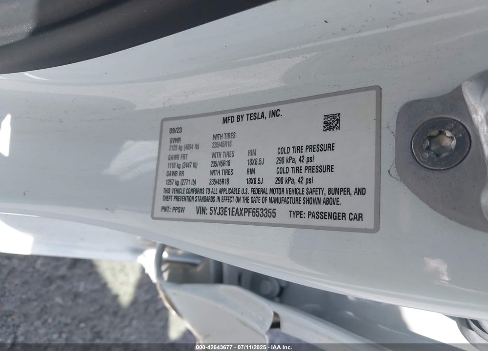 2023 TESLA MODEL 3 REAR-WHEEL DRIVE VIN: 5YJ3E1EAXPF653355