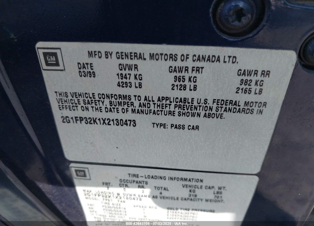 1999 CHEVROLET CAMARO VIN: 2G1FP32K1X2130473