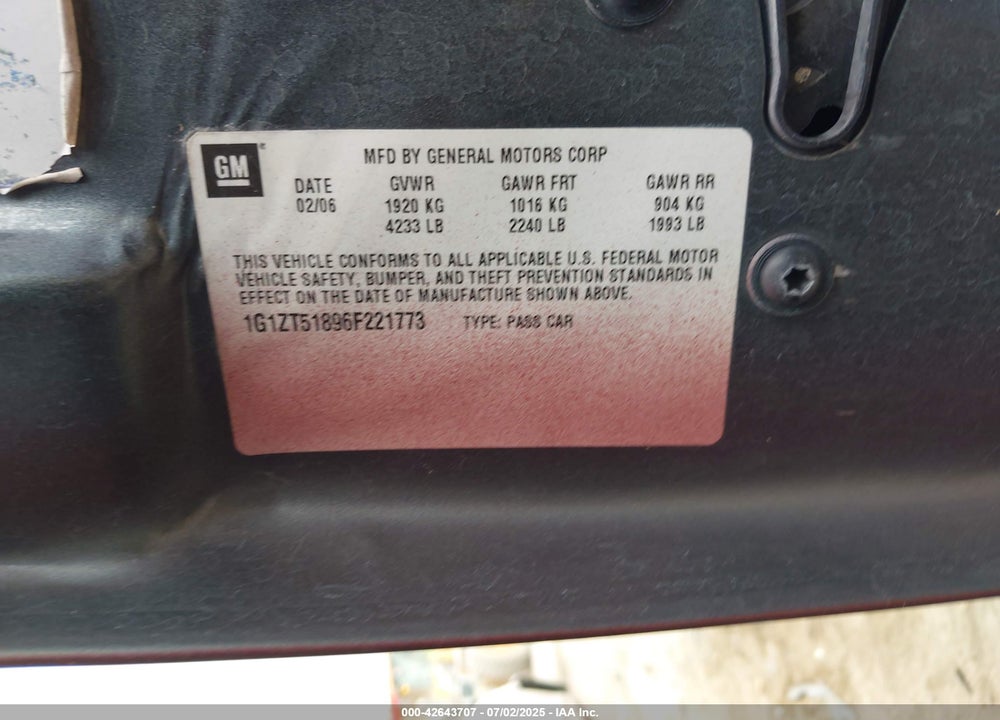 2006 CHEVROLET MALIBU VIN: 1G1ZT51896F221773