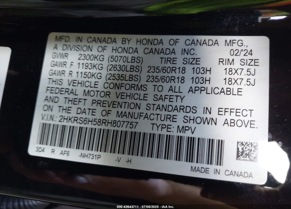 2024 HONDA CR-V VIN: 2HKRS6H58RH807757