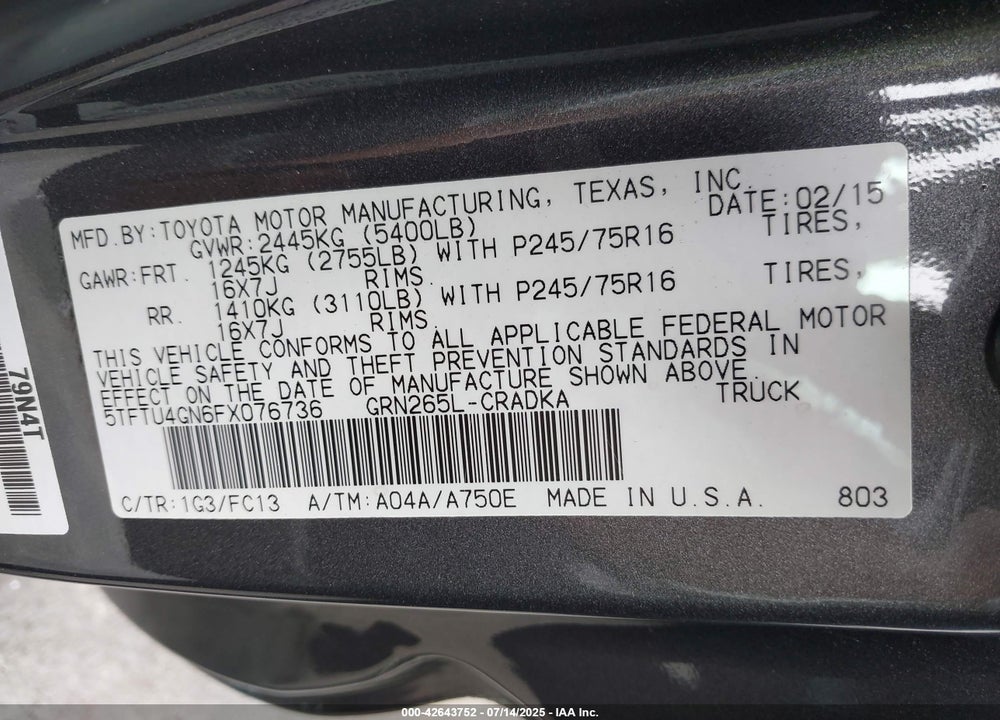 2015 TOYOTA TACOMA PRERUNNER V6 VIN: 5TFTU4GN6FX076736
