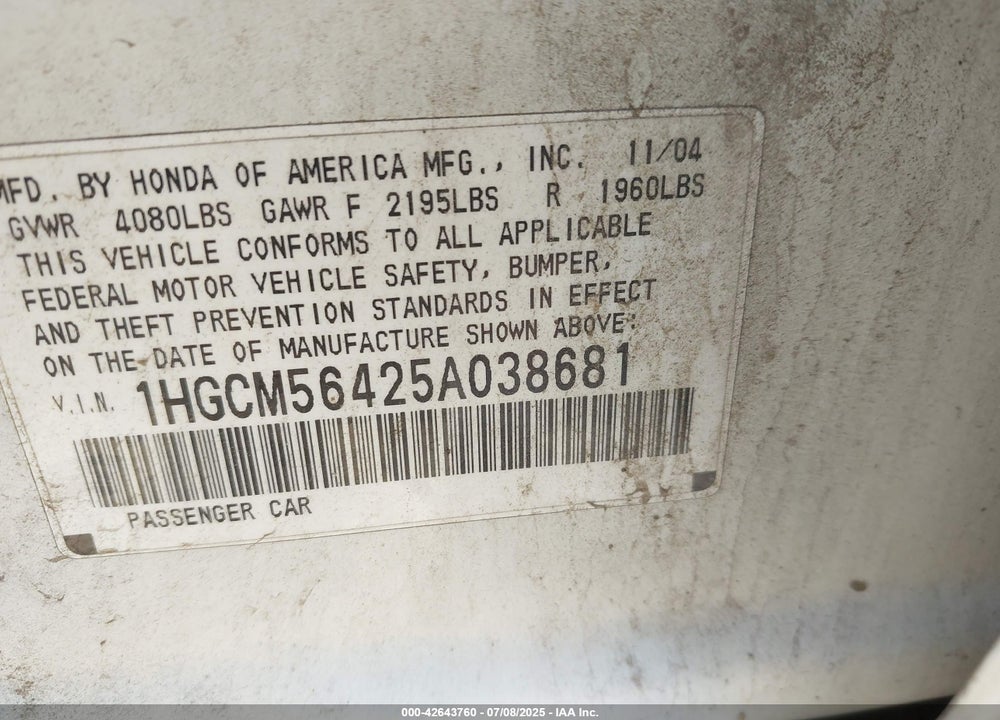 2005 HONDA ACCORD 2.4 LX VIN: 1HGCM56425A038681