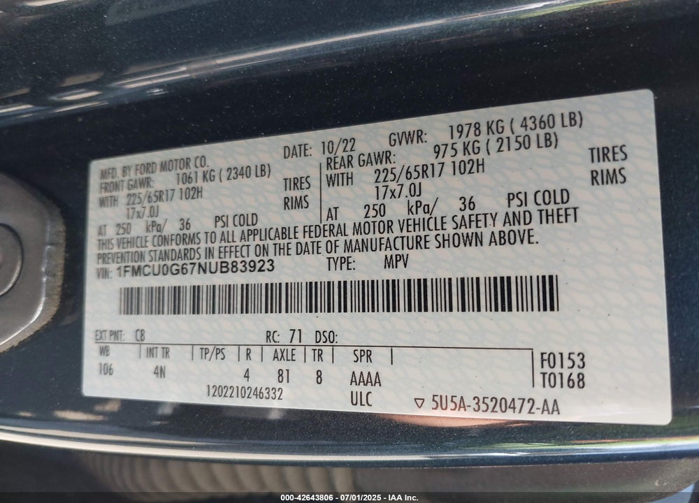 2022 FORD ESCAPE VIN: 1FMCU0G67NUB83923