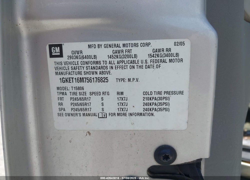 2005 GMC ENVOY XL SLT VIN: 1GKET16M756176825