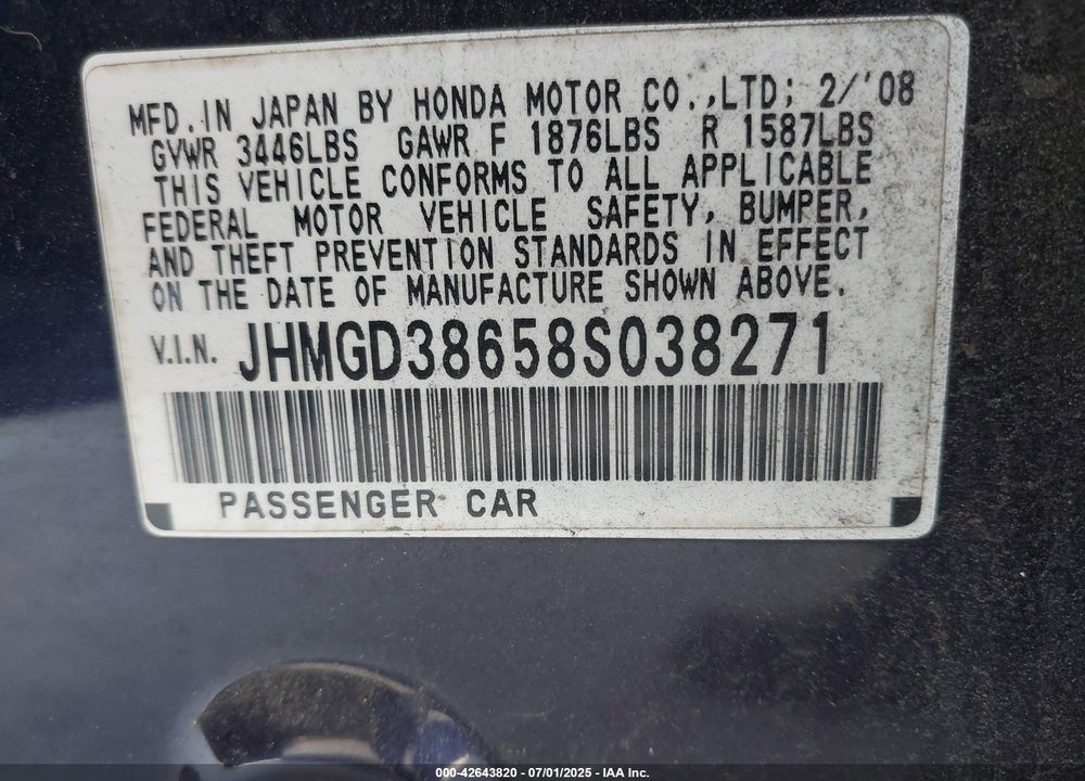 2008 HONDA FIT VIN: JHMGD38658S038271