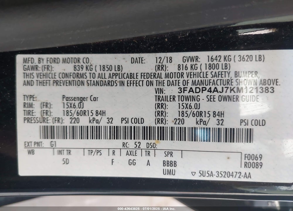 2019 FORD FIESTA VIN: 3FADP4AJ7KM121383