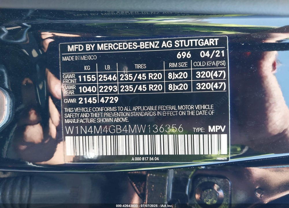 2021 MERCEDES-BENZ GLB 250 VIN: W1N4M4GB4MW136356