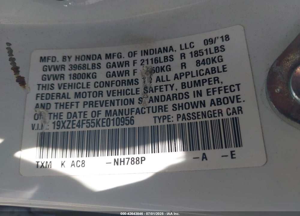 2019 HONDA INSIGHT VIN: 19XZE4F55KE010956