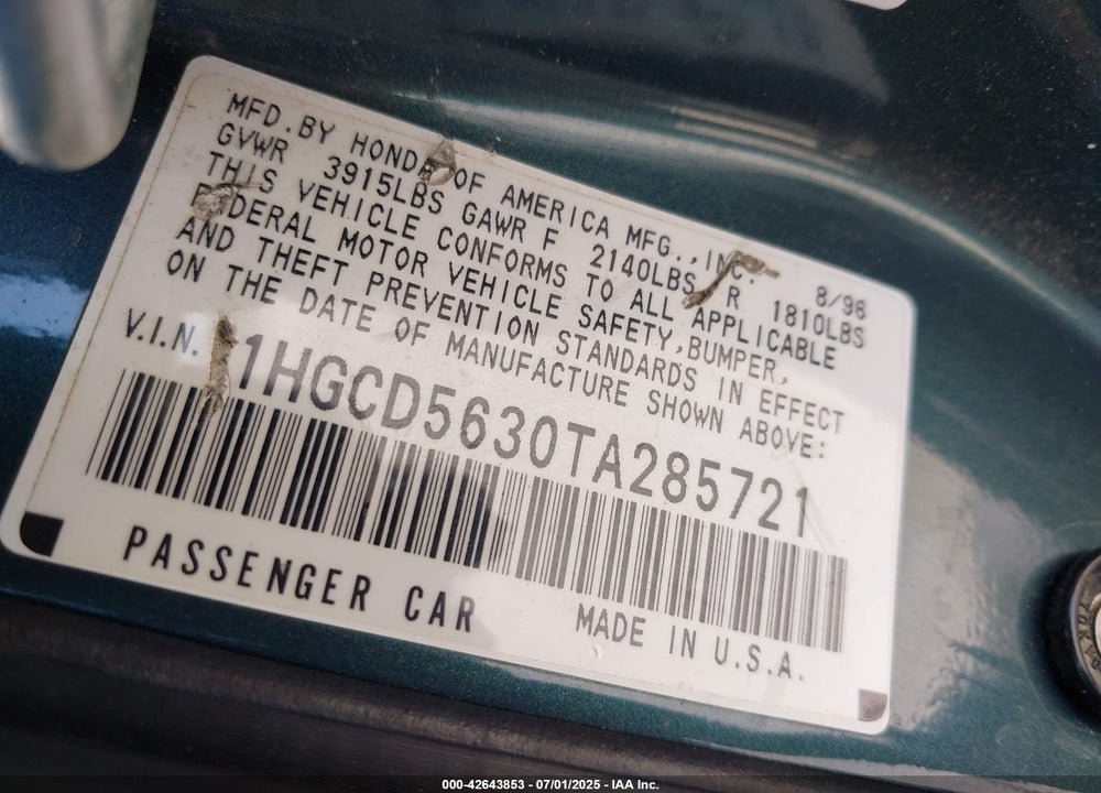 1996 HONDA ACCORD LX/EX VIN: 1HGCD5630TA285721
