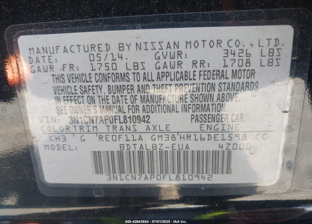 2015 NISSAN VERSA VIN: 3N1CN7AP0FL810942
