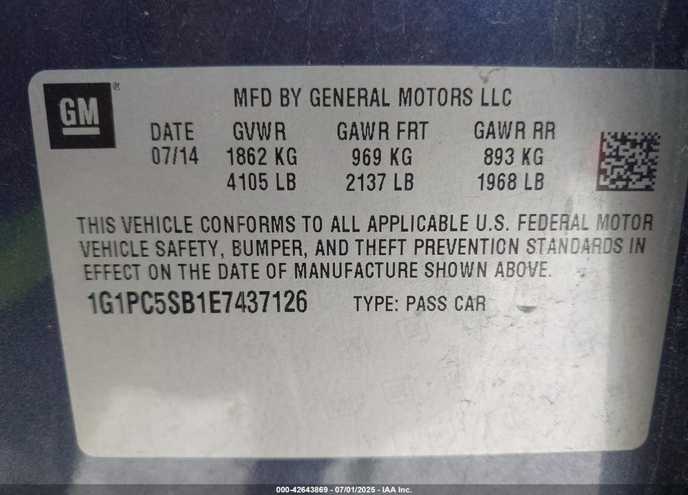 2014 CHEVROLET CRUZE 1LT AUTO VIN: 1G1PC5SB1E7437126