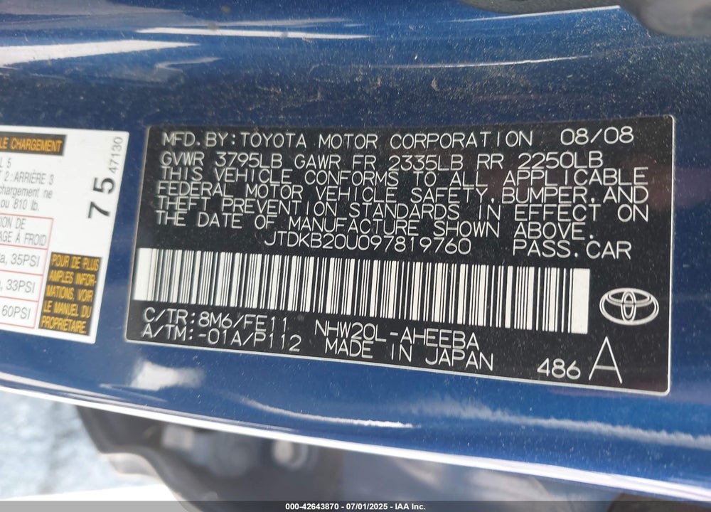 2009 TOYOTA PRIUS VIN: JTDKB20U097819760