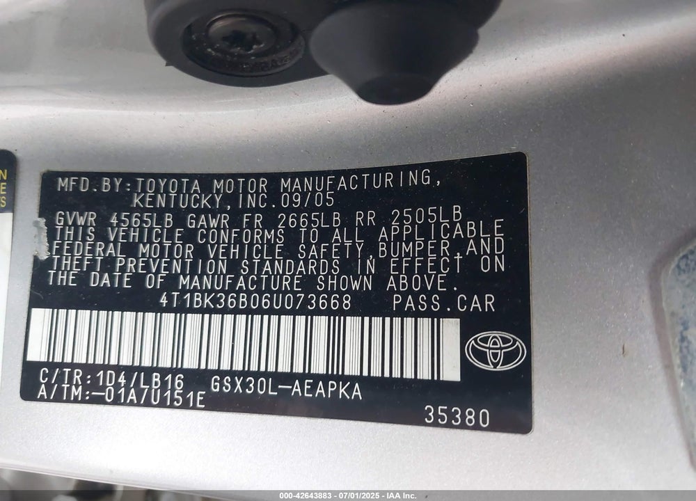2006 TOYOTA AVALON VIN: 4T1BK36B06U073668