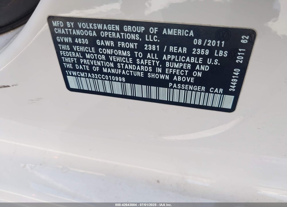 2012 VOLKSWAGEN PASSAT VIN: 1VWCM7A32CC010998