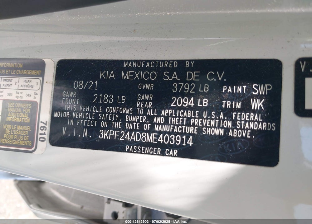 2021 KIA FORTE LXS VIN: 3KPF24AD8ME403914