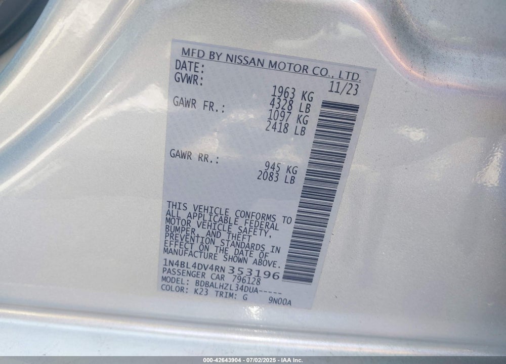 2024 NISSAN ALTIMA VIN: 1N4BL4DV4RN353196