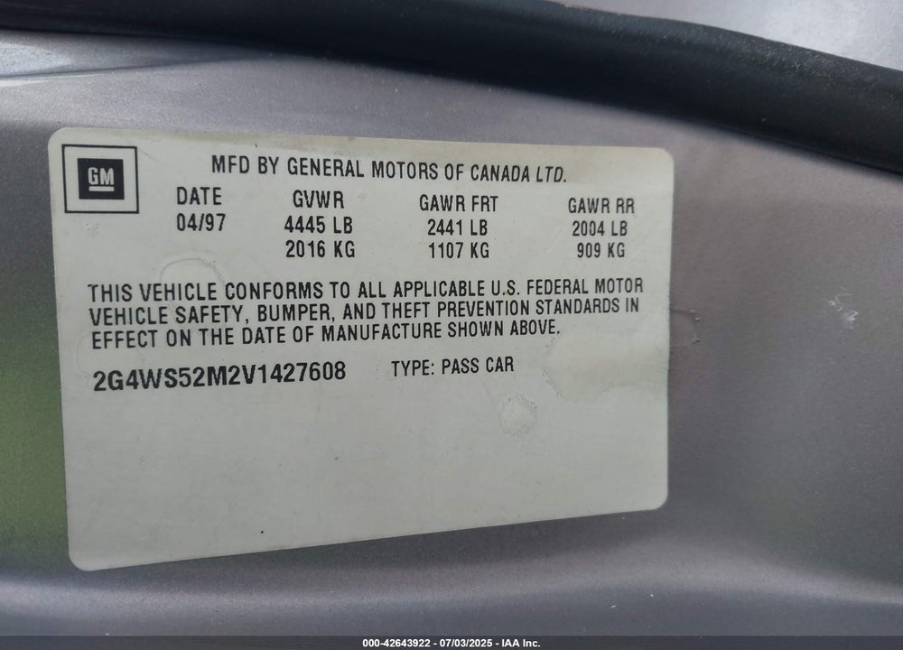 1997 BUICK CENTURY CUSTOM VIN: 2G4WS52M2V1427608