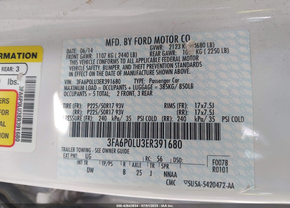 2014 FORD FUSION VIN: 3FA6P0LU3ER391680