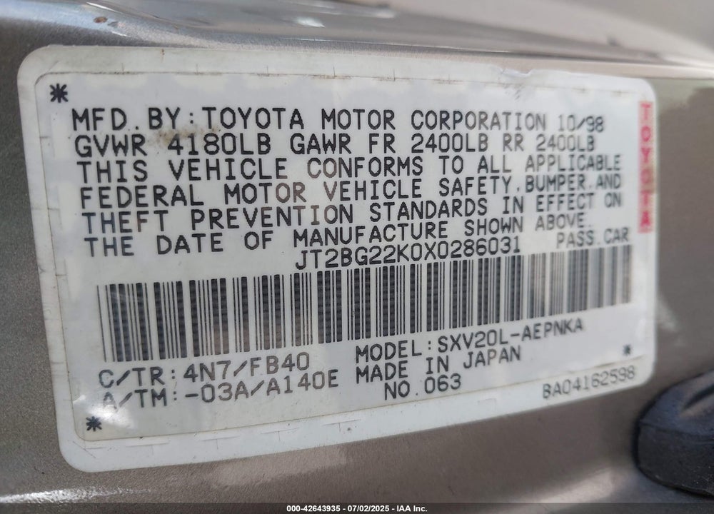 1999 TOYOTA CAMRY CE/LE/XLE VIN: JT2BG22K0X0286031