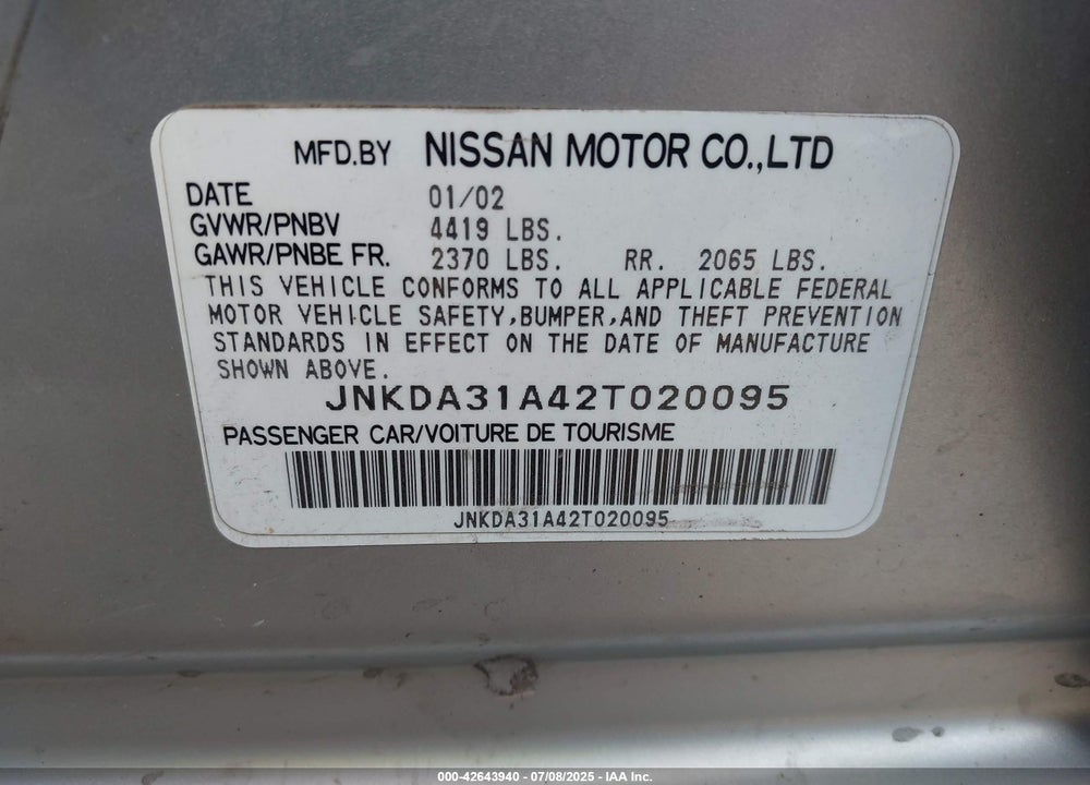 2002 INFINITI I35 VIN: JNKDA31A42T020095