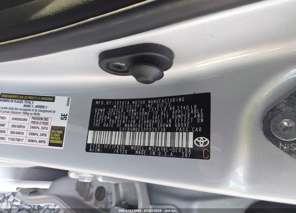 2023 TOYOTA COROLLA VIN: 5YFB4MDE5PP020738