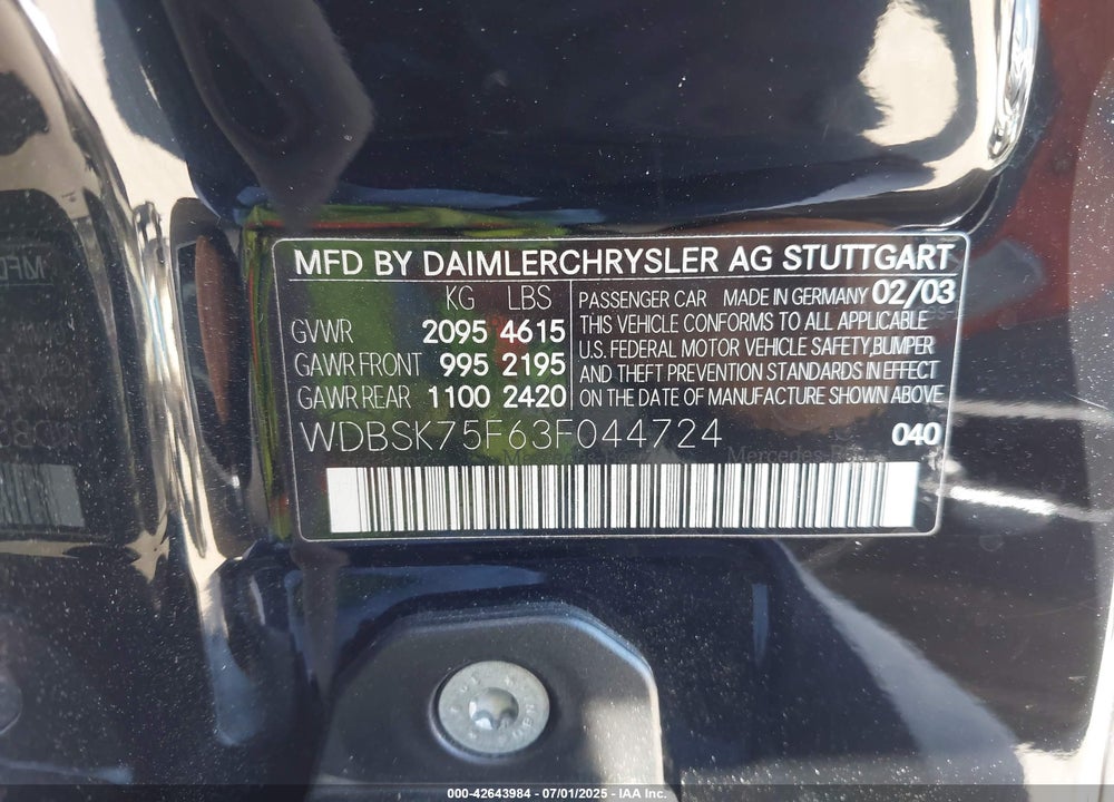 2003 MERCEDES-BENZ SL 500 VIN: WDBSK75F63F044724