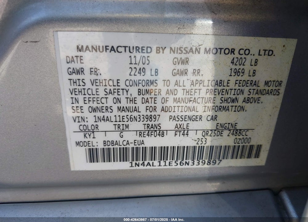 2006 NISSAN ALTIMA 2.5 S VIN: 1N4AL11E56N339897