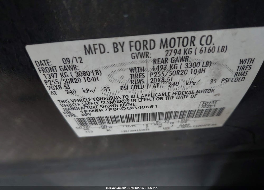 2013 FORD EXPLORER LIMITED VIN: 1FM5K7F86DGB40651