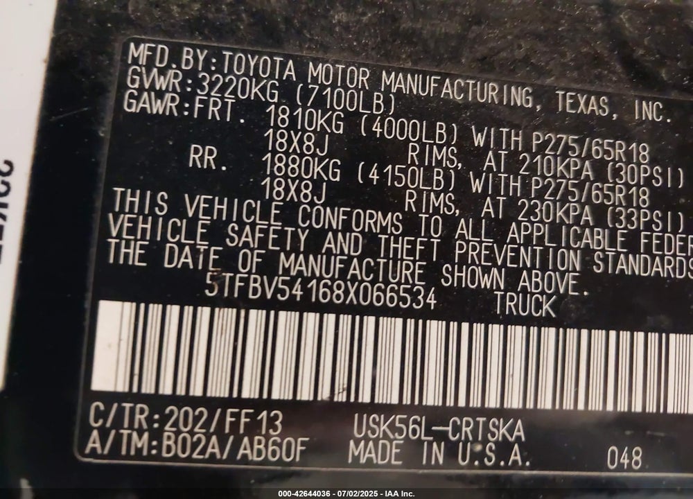 2008 TOYOTA TUNDRA VIN: 5TFBV54168X066534