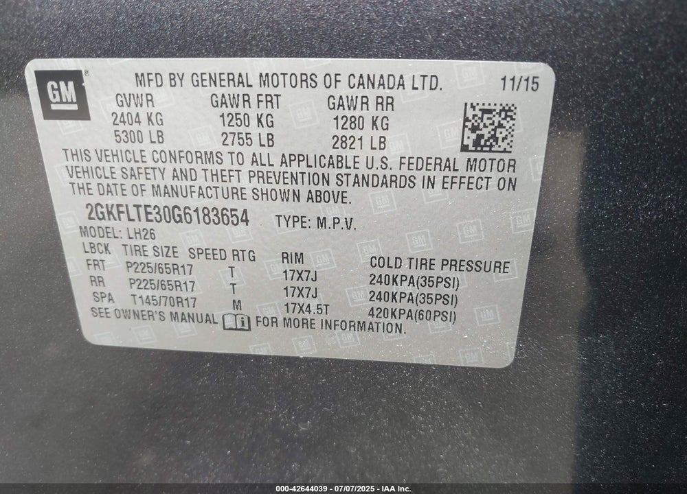2016 GMC TERRAIN VIN: 2GKFLTE30G6183654