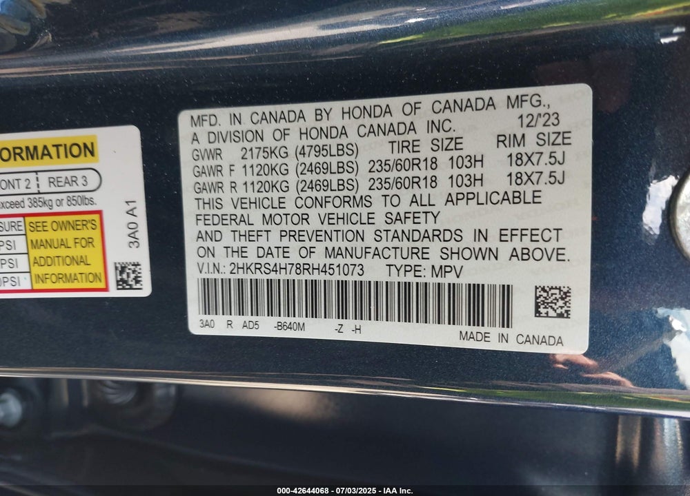 2024 HONDA CR-V VIN: 2HKRS4H78RH451073
