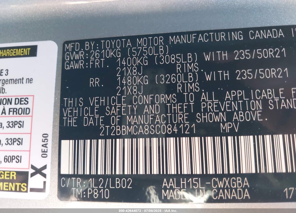 2025 LEXUS RX VIN: 2T2BBMCA8SC084121